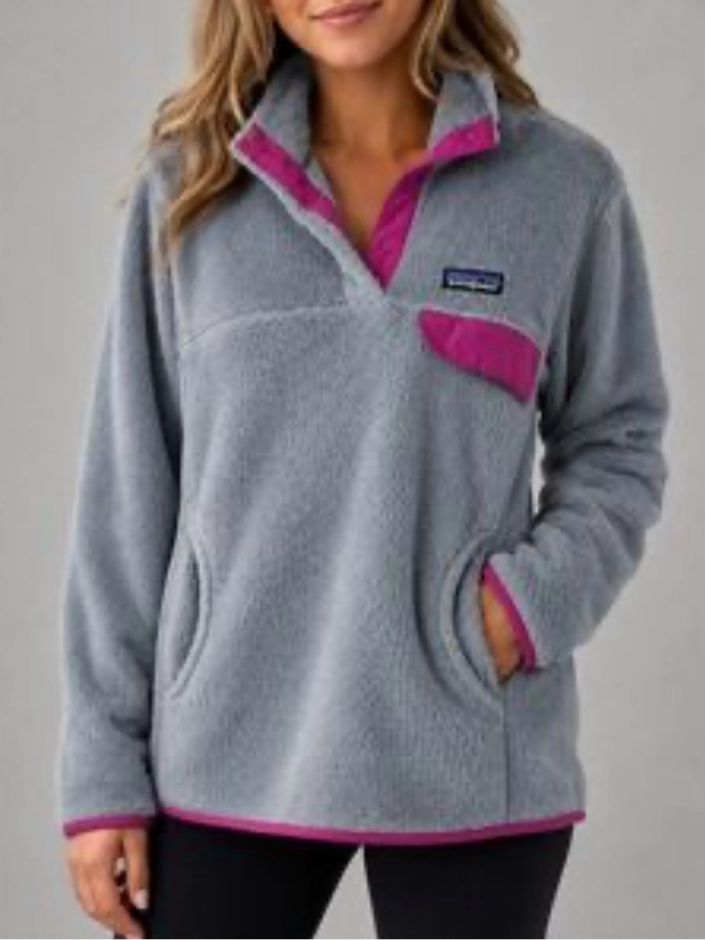 Patagonia Gray Sherpa Re-Tool Snap-T Pullover with Purple Trim